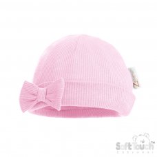 H4500-P: Pink Ribbed Bow Hat (0-6 Months)